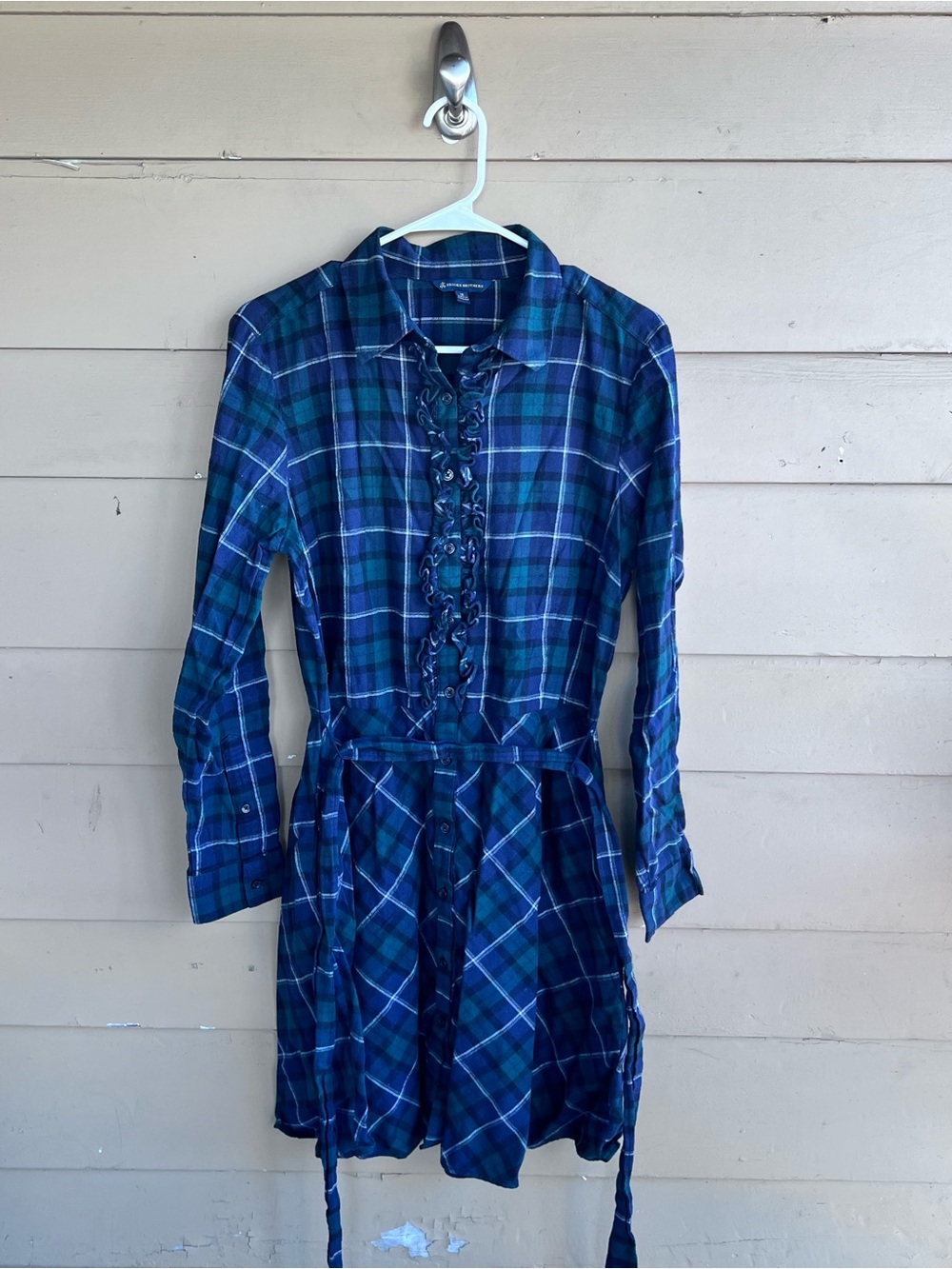 Brooks Brothers Cotton Plaid Flannel Ruffle Midi Dress Blue Green Mens Size 14